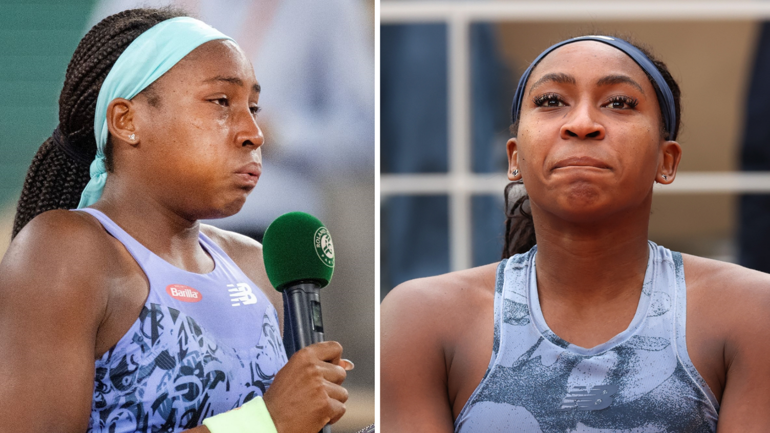 A composite image of Coco Gauff at the 2022 and 2025 French Open trophy ceremonies