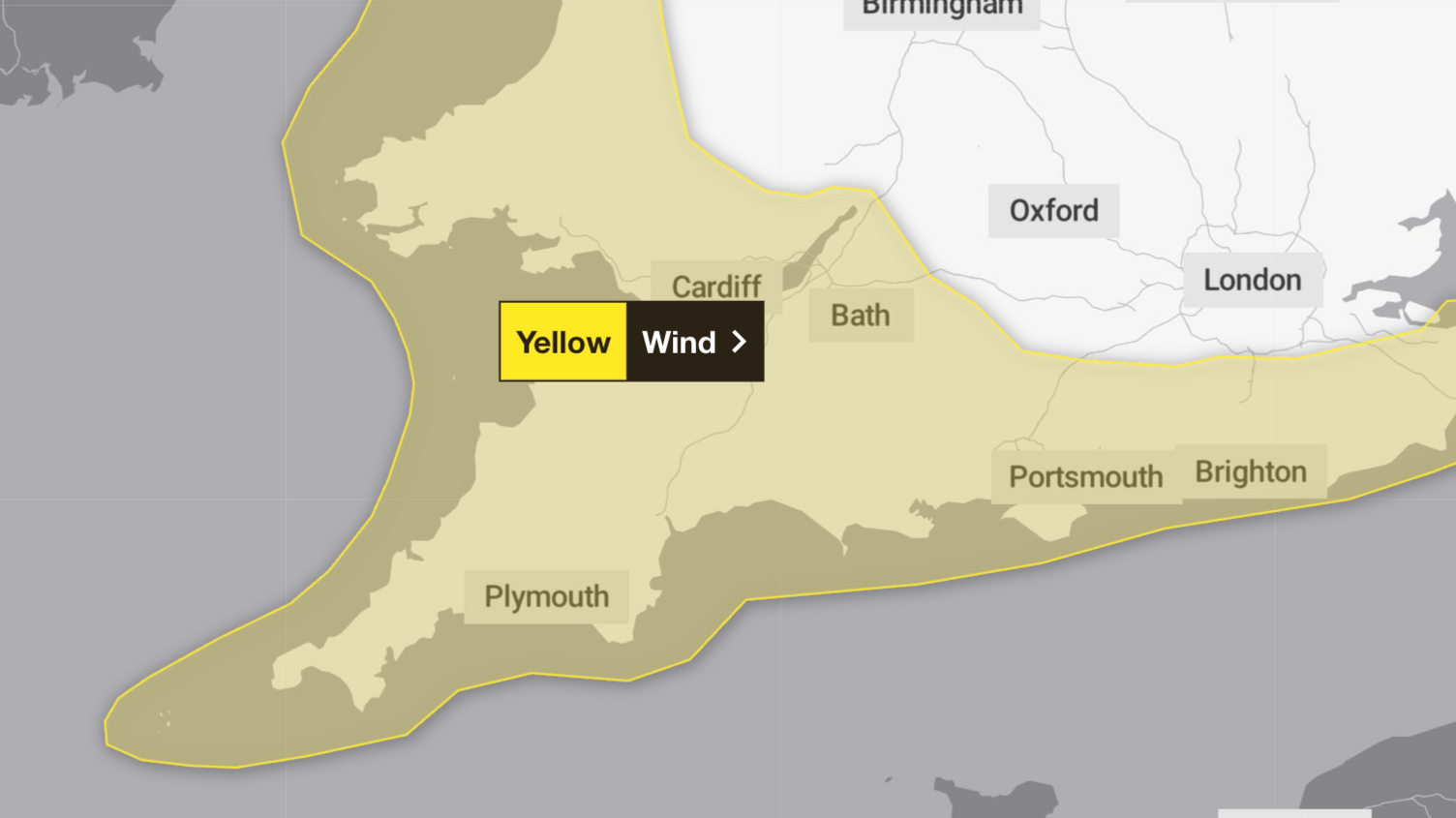 A map of the south west of England with areas up to the east and Wales highlighted in yellow. The yellow coverage represents a wind warning.