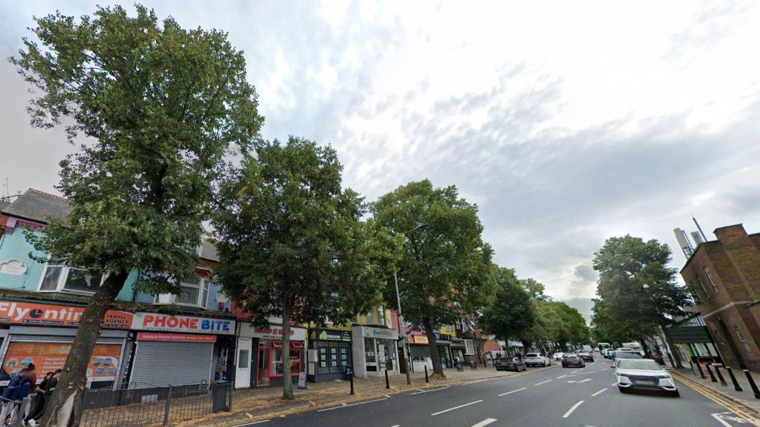 An image of trees in front of a row of shops along a city centre road.