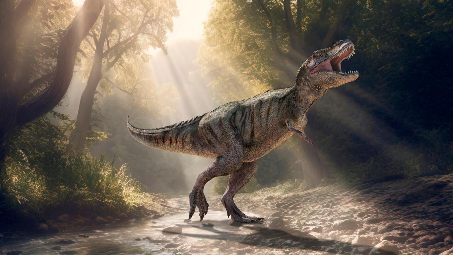 t.rex roaring by a river in a forest