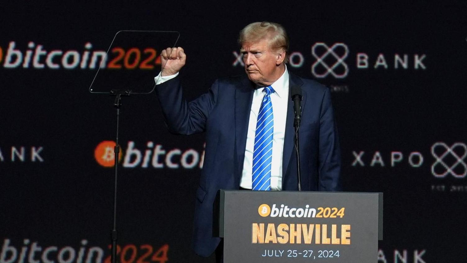 epublican presidential nominee and former U.S. President Donald Trump gestures at the Bitcoin 2024 event in Nashville, Tennessee, U.S., July 27, 2024. REUTERS/Kevin Wurm