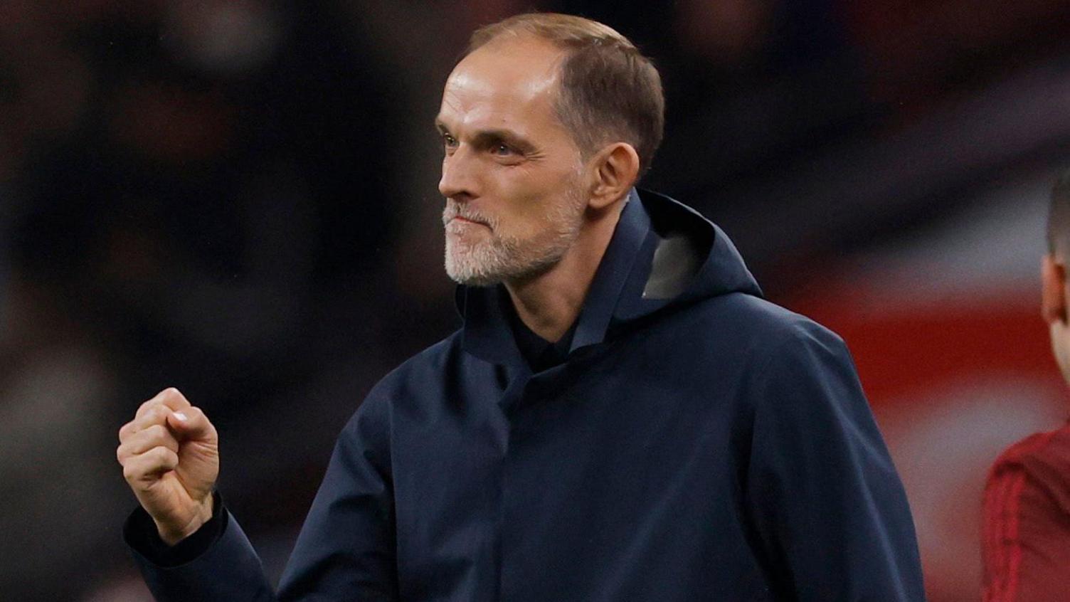 England head coach Thomas Tuchel celebrates after debutant Myles Lewis-Skelly scores the first goal of his reign against Albania at Wembley