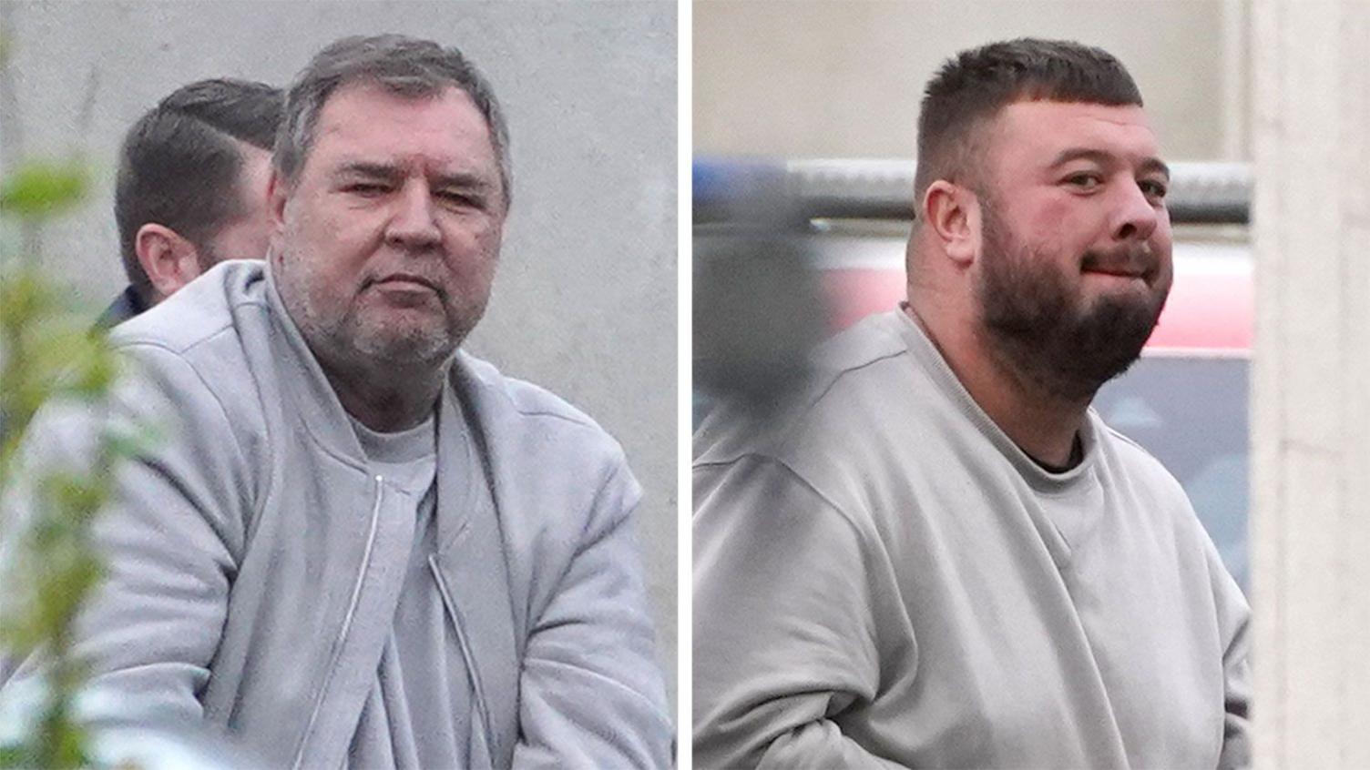 Photo capturing Vitaliy Lapa and Jamie Harbron as they enter court. Lapa has short grey hair, grey stubble and a grey sweatshirt with a zipped grey top. He is holding his arms in front of him as his hands are cuffed. Harbron has short dark hair, a dark beard and is also wearing a grey sweatshirt.