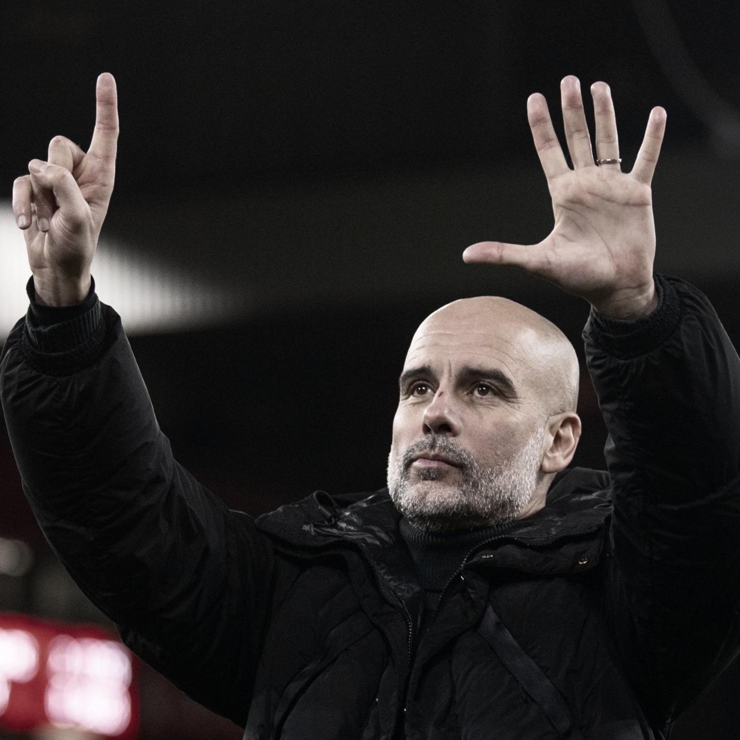 Pep Guardiola holds up six fingers to fans to indicate the six Premier League titles won after their match with Liverpool in December 2024 