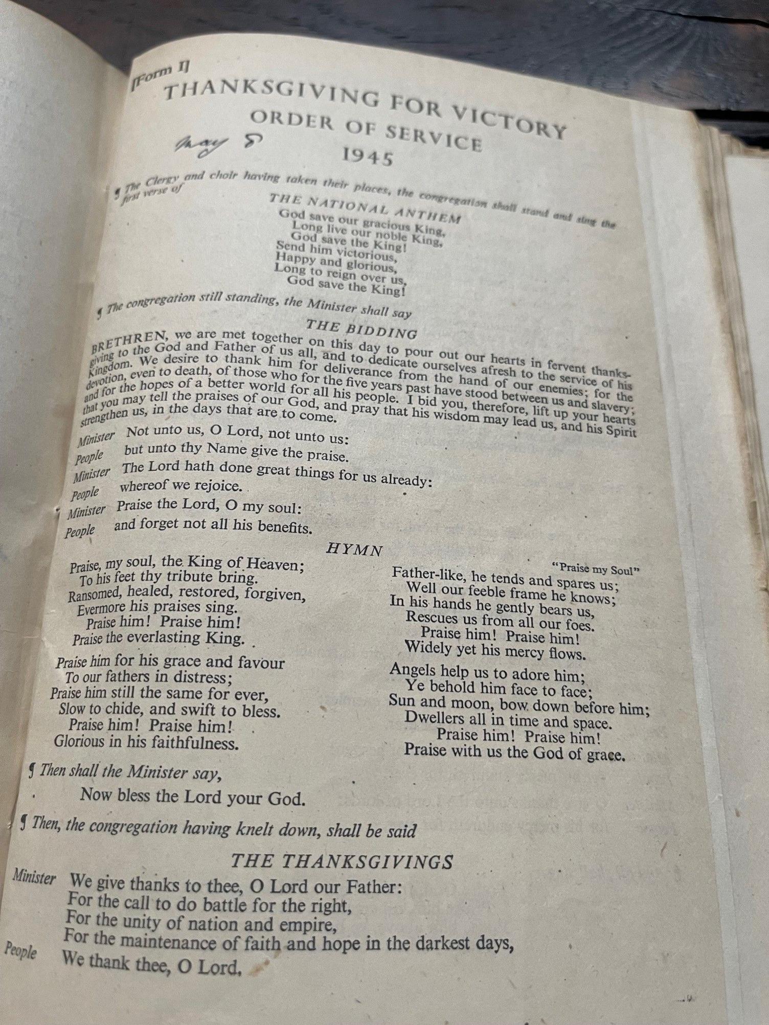 A page from an 80 year old church prayer book for VE Day