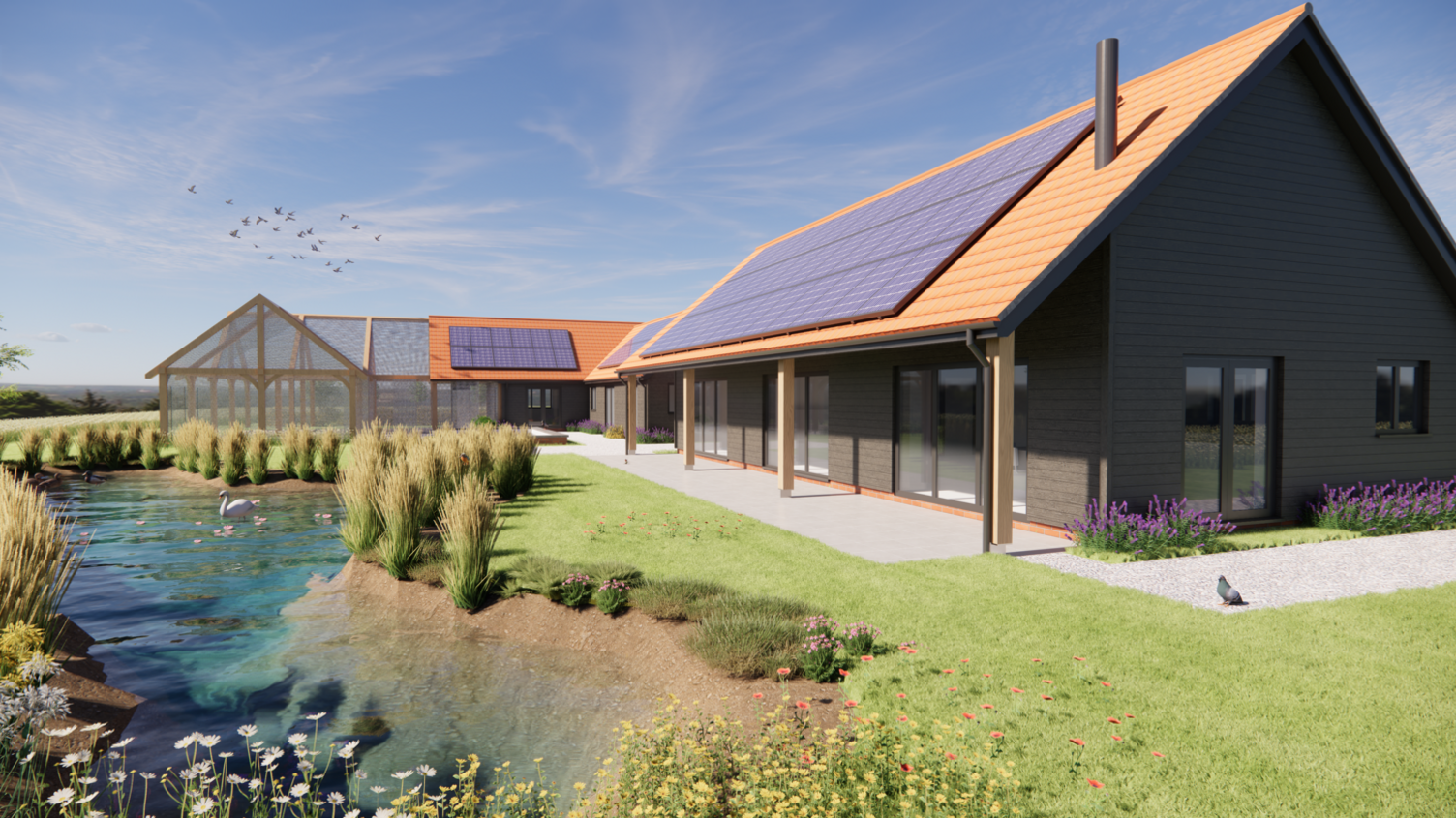 A mock-up image of what the Suffolk Hedgehog Hospital's Long Acre Wildlife Hospital could look like. It's a large building with solar panels and surrounded by grass, nature, and a small pond.