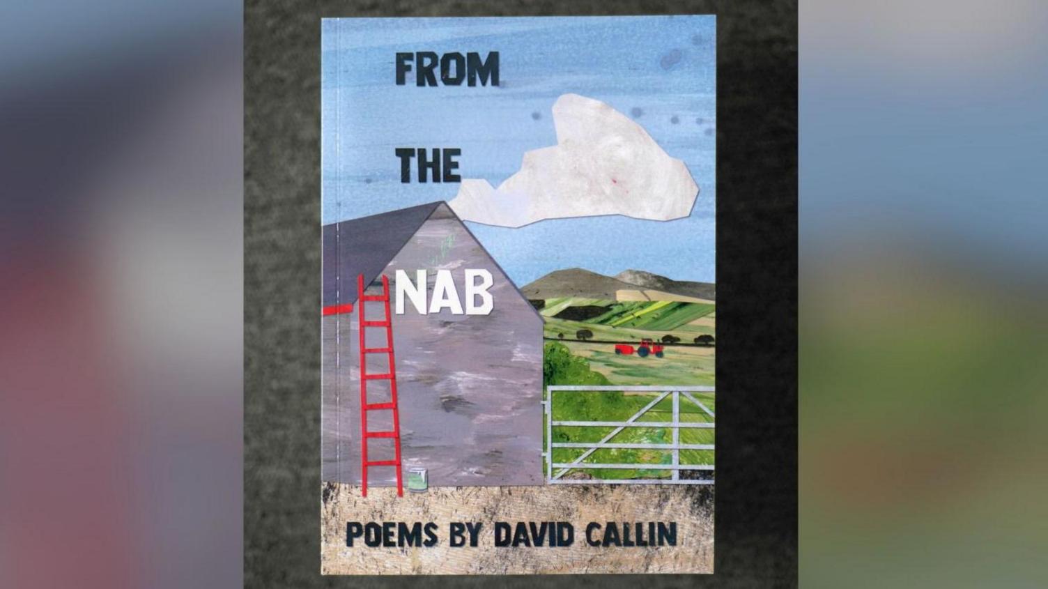 The cover of From the Nab, which features an illustration of a grey farm building with a red ladder running up the wall. The is a farm gate next to it with a red tractor in the field behind it in the background set against hills and a blue sky featuring a white fluffy cloud.