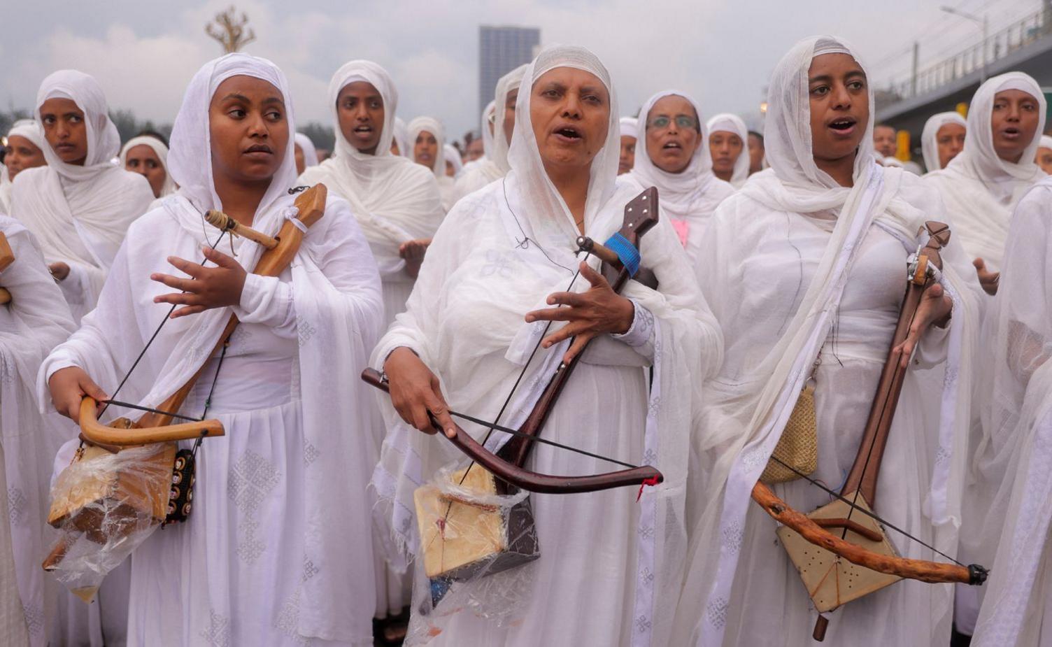 Ethiopian Orthodox choir members sing during the Meskel festival