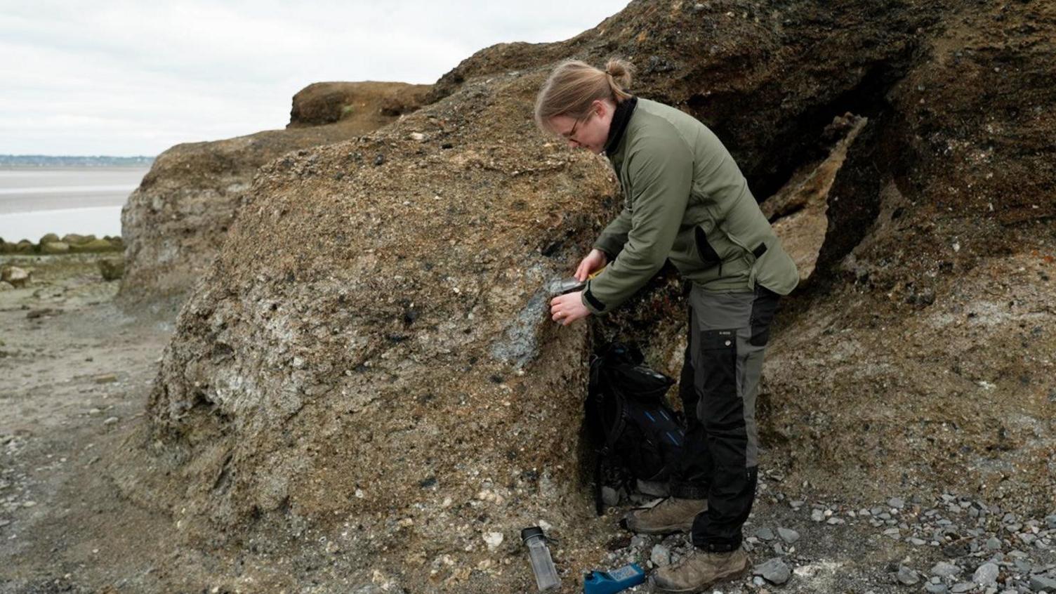 Dr Alex Riley digging into a sand dune