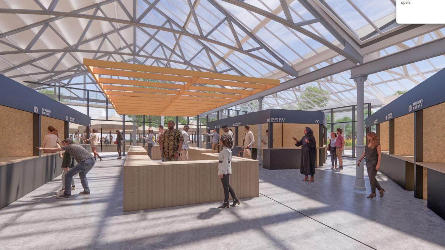 An artist impression of the interior of a market hall, with stalls around the outside and a sales area in the middle, with a glass canopy roof.
