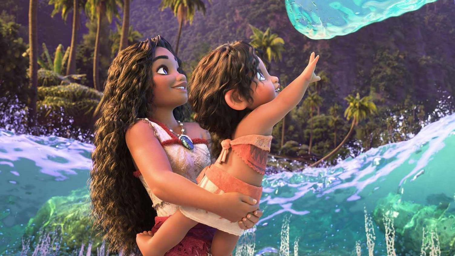 Moana holds her little sister Simea taken from the Moana 2 trailer 