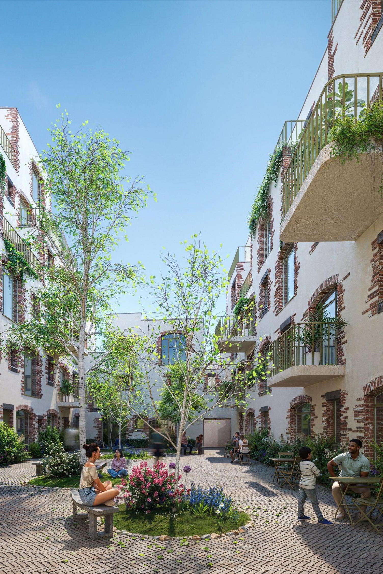 An architect's drawing showing a courtyard inside the new development. There are benches on decorative paving stones and a woman is sitting cross-legged on one. To the side a man is sitting at a table with a child standing next to him. There are two small round flower beds which hold trees, flowers and grass. The surrounding buildings are white and four-storey and there are balconies with plants spilling from them.
