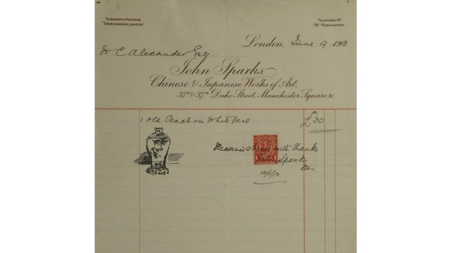 An old receipt which details the sale of the rare vase in 1913. William Cleverley Alexander bought it for £30 at the time.
