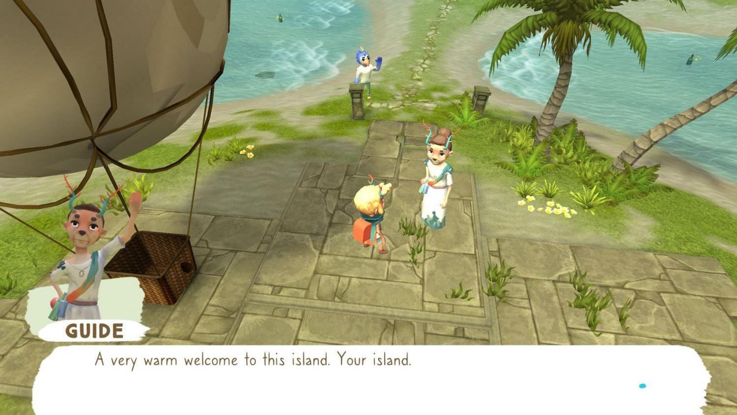 A fox character meets another character titled 'guide' on a cartoon island