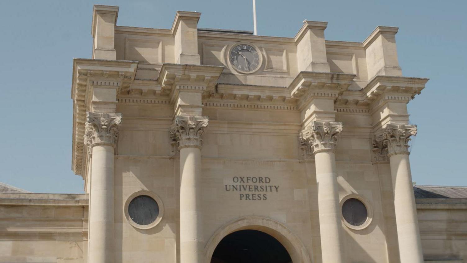 A close up of Oxford University Press building on a sunny day.