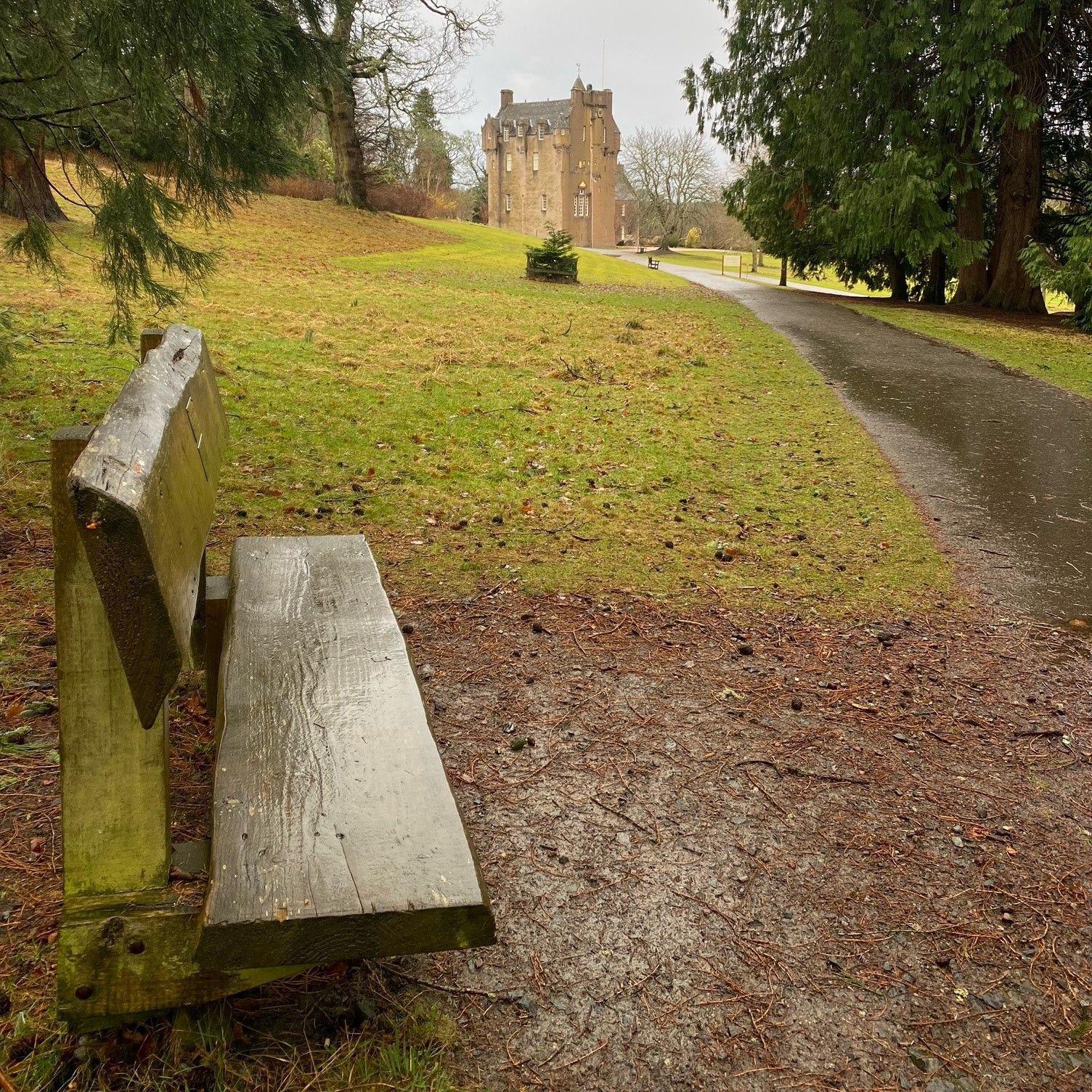 A bench is the foreground. To the left of it is a road leading to a castle in the distance. There is green grass and trees on either side of the road.