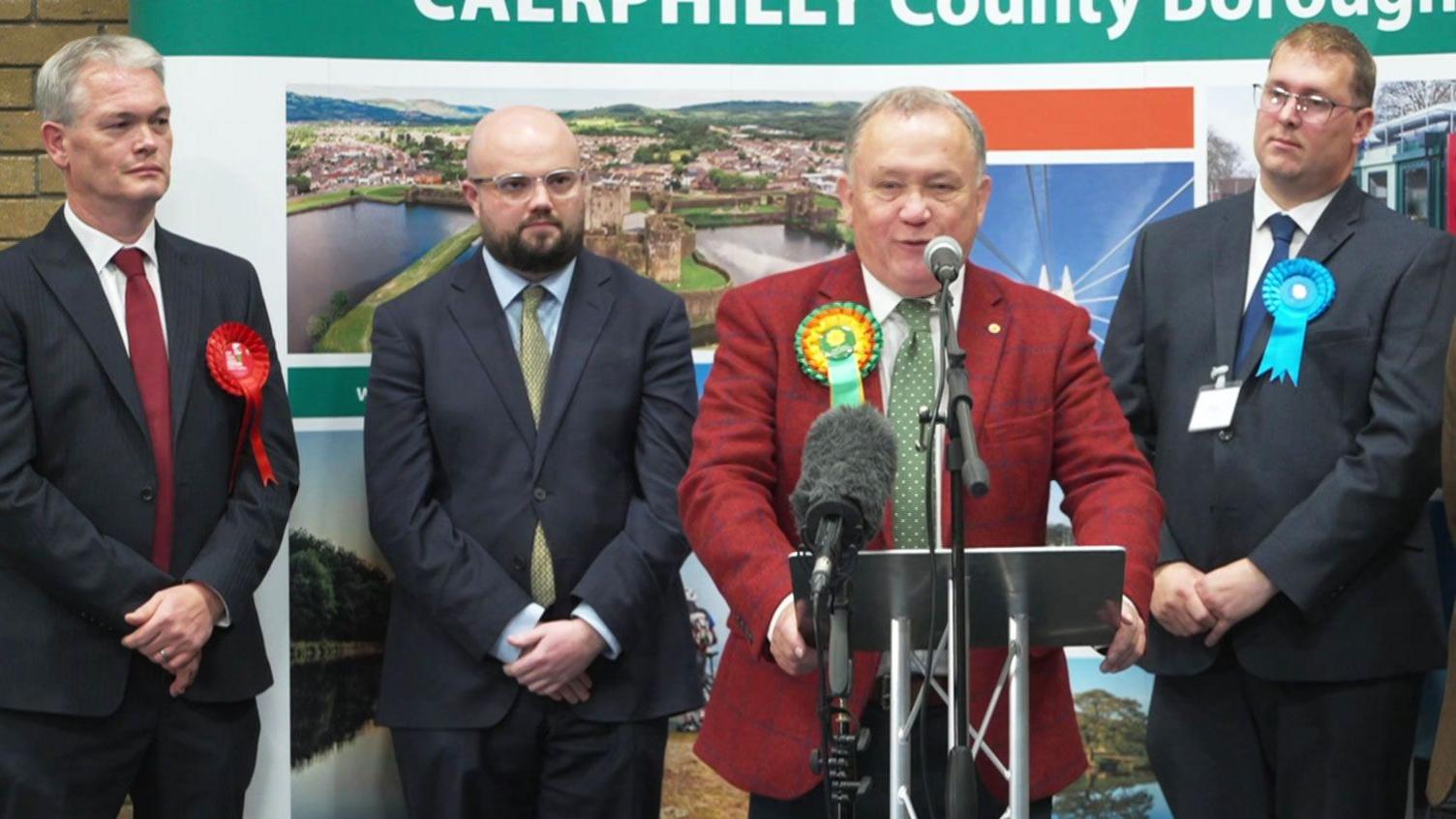 Caerphilly bi-election candidates stand in a row