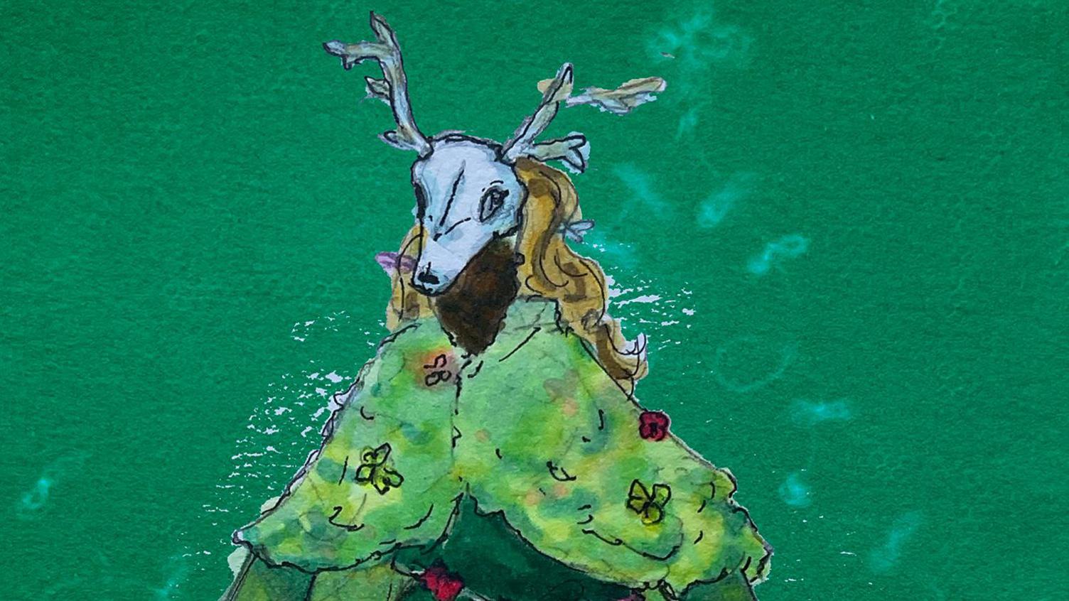 A painting of a costume with a deer skull on top and green shawl with leaves and flowers.