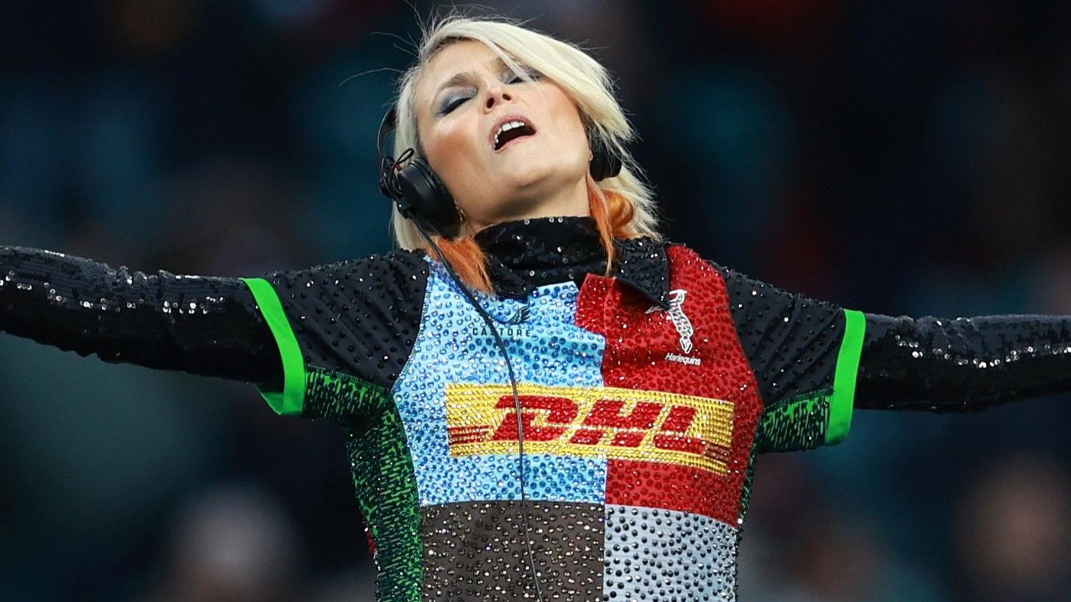 Sister Bliss in a Harlequins shirt