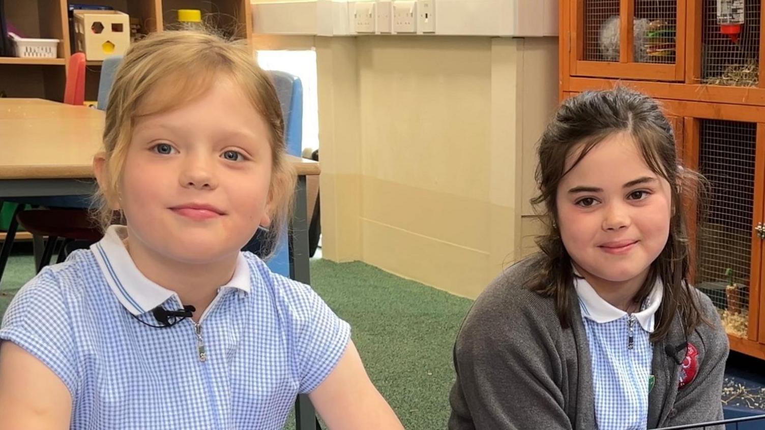 Two girls sit in a school classroom, behind them is a brown wooden guinea pig hutch. Nancy is on the left of the picture, and has blond hair tied into a ponytail. She is wearing a blue gingham dress. Isabelle sits on the right and is wearing a blue gingham dress with a grey cardigan which has the red logo of her school on the left of her chest. Her hair is dark brown and tied into a half-up hairstyle.