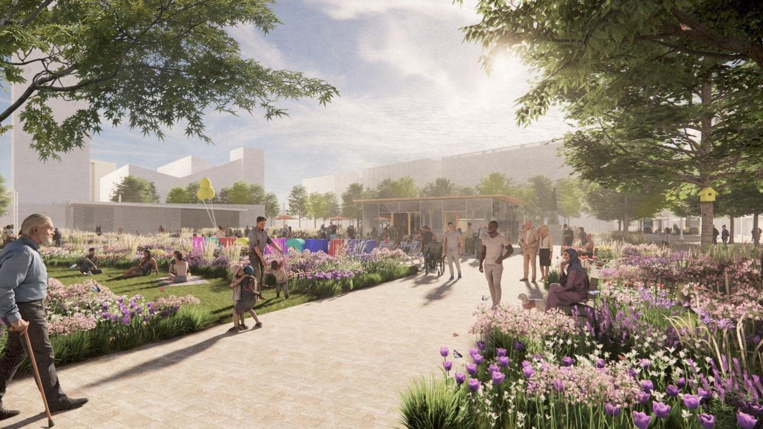 A computer generated image of people enjoying a summer day on a paved aread surrounded by flowers and a grassy lawn