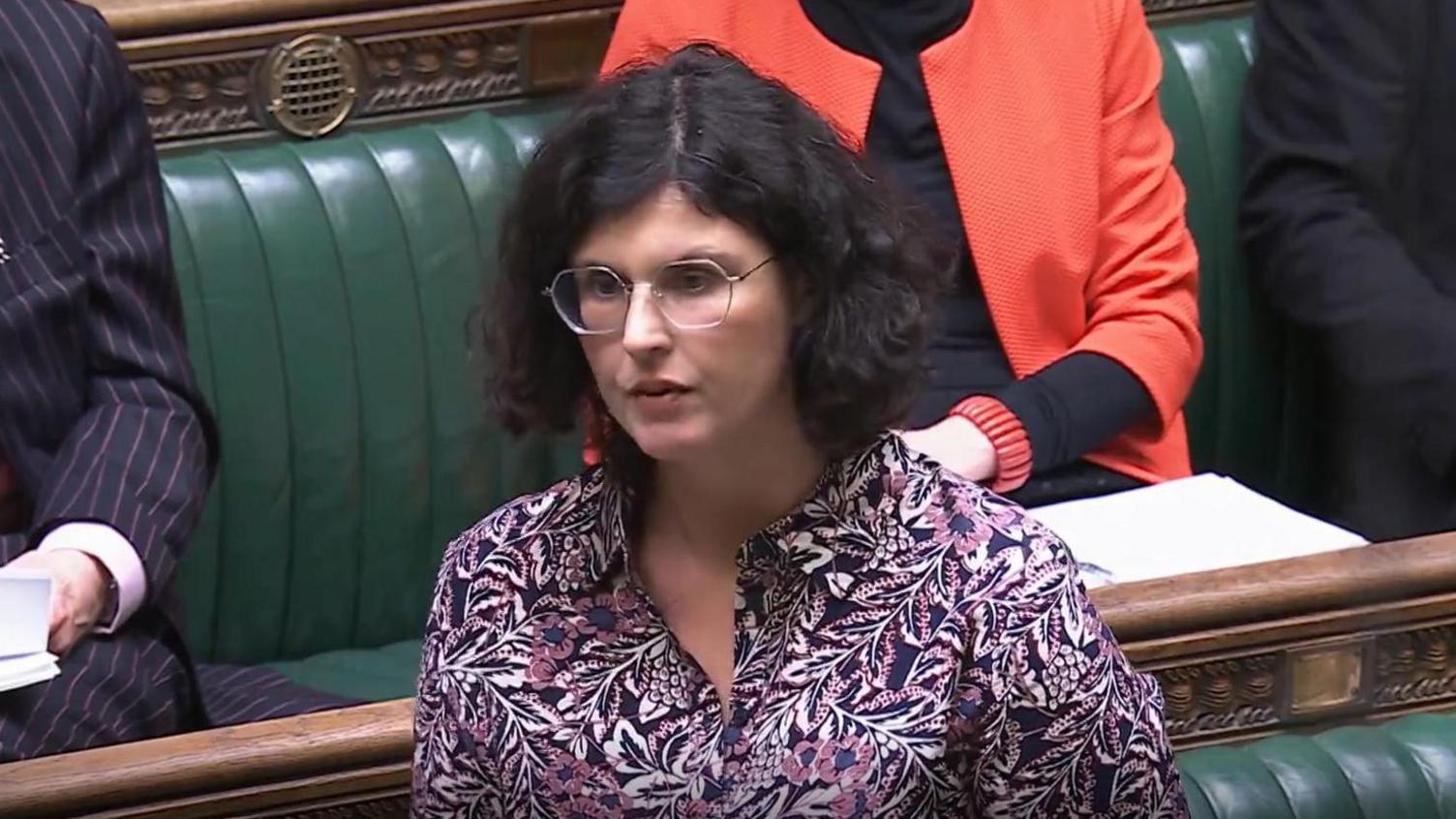 Layla Moran speaking in Parliament. She has black, medium length hair, glasses with hexagonal frames, and a purple-coloured shirt with leaves and flowers on it.