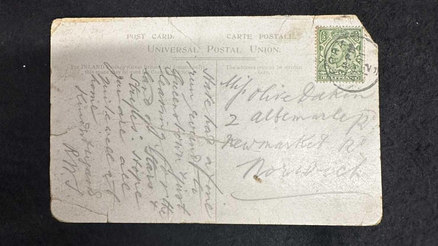 The reverse side of the postcard shows Mr Smith writing to a friend in Norwich. "Have had a fine run around to Queenstown. Just leaving for the land of stars and stripes. Hope you are all quite well at home. Kind regards RWS."