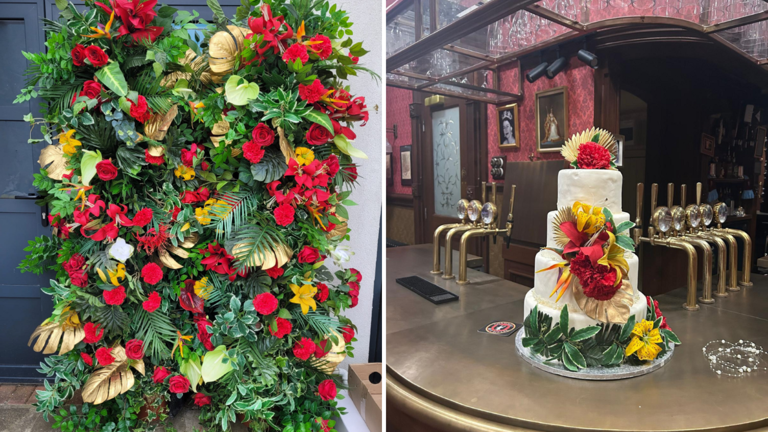 Two side-by-side pictures. One of a collection of red, yellow and green flowers, the other of a wedding cake with the same colour scheme sitting on the bar of the fictional Queen Vic pub.
