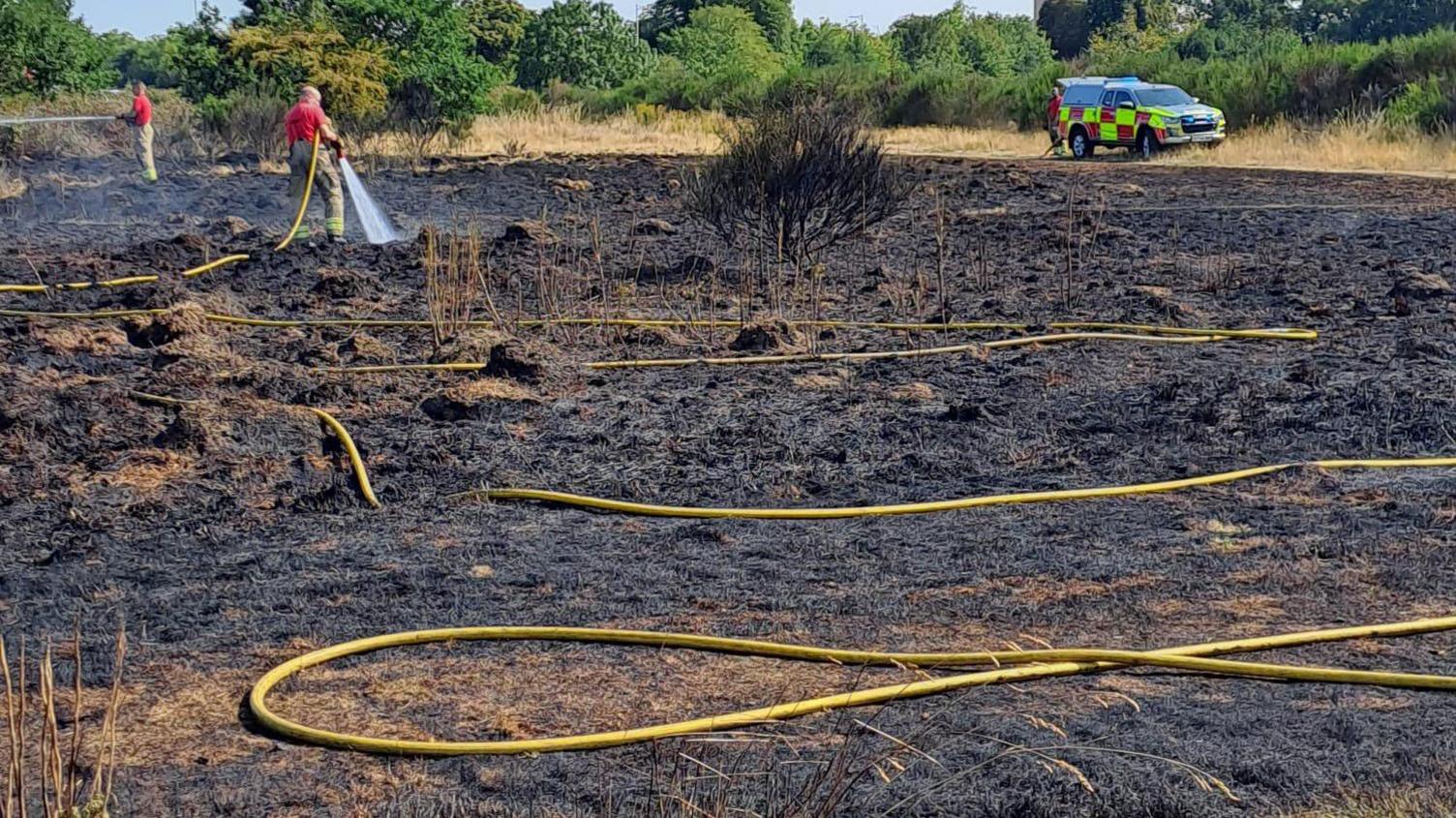 Two firefighters in red shirts and yellow trousers are holding long yellow hoses and spraying water onto scorched ground after a grass fire. In the background is a fire service vehicle parked on unburnt grass with trees and a blue sky behind.