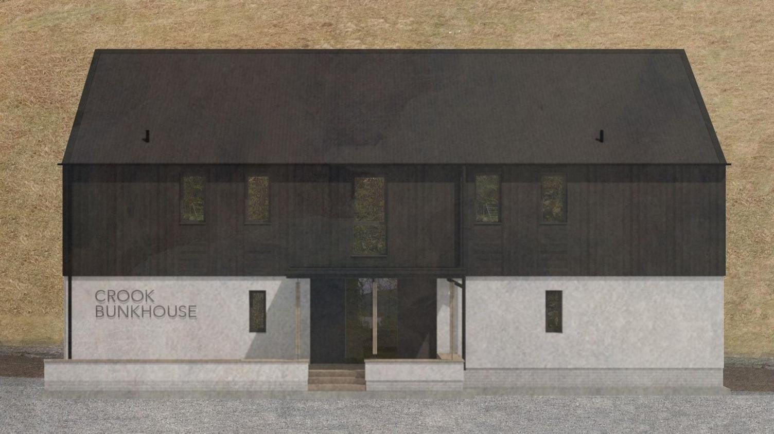 A computer generated image of the Crook Bunkhouse a building half in white stone and half in darker wood and tiles