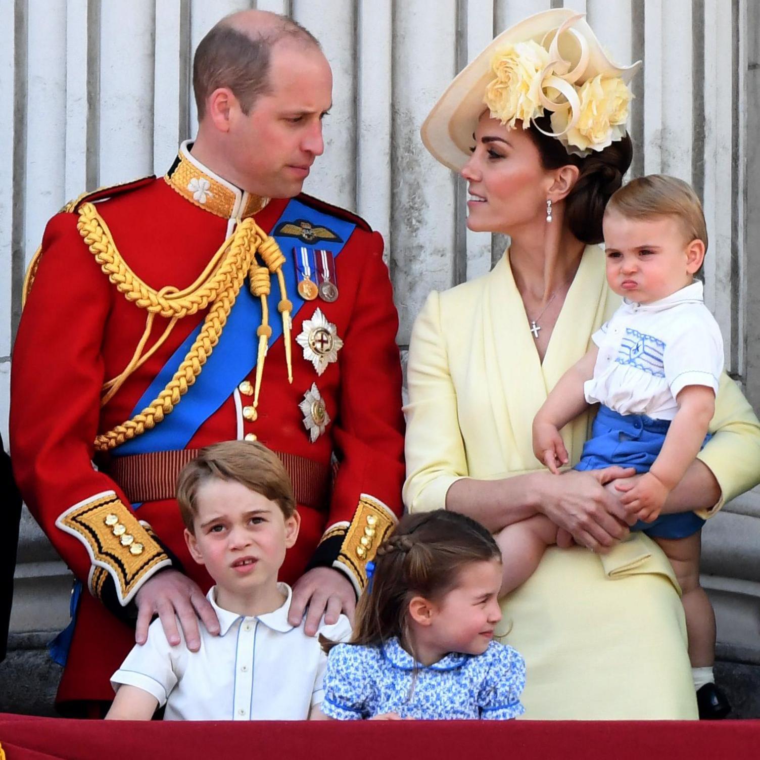 Prince William and Catherine, Prince George, Princess Charlotte and Prince Louis on the balcony of Buckingham Palace following Trooping the Colour on June 08, 2019 