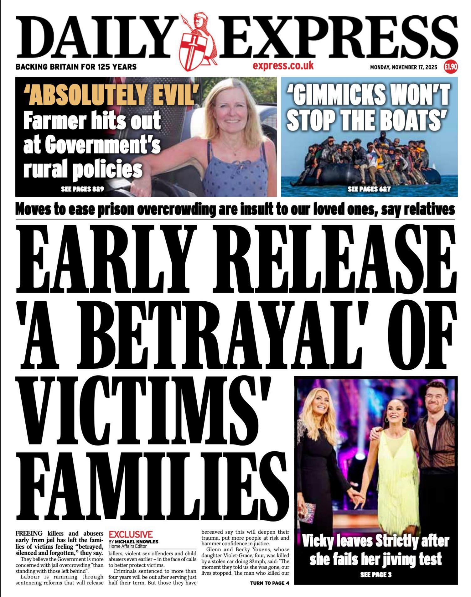 The headline on the front page of the Express reads: “Early release 'a betrayal' of victims' families”.