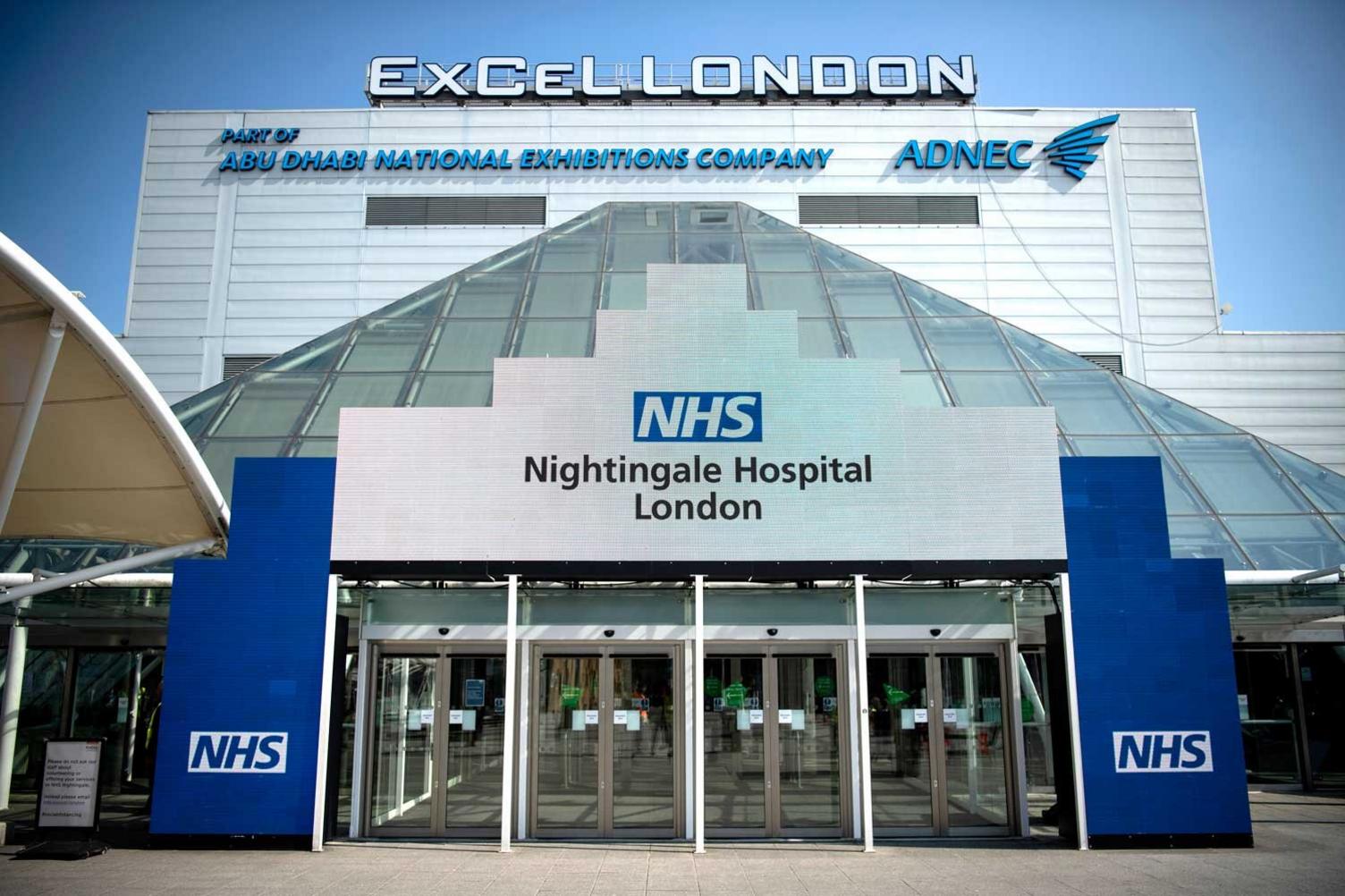 The front entrance of the NHS Nightingale Hospital