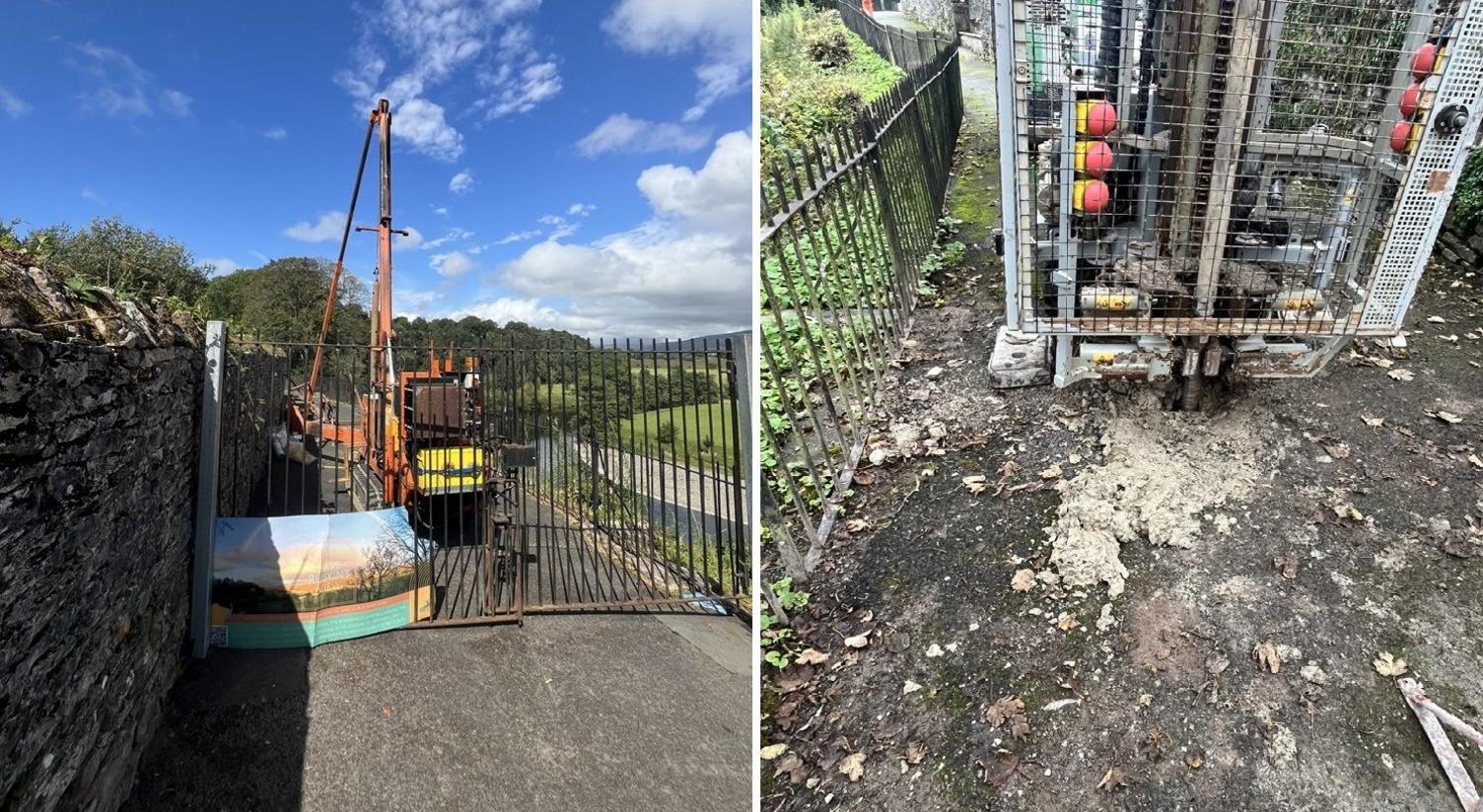 To the left, a gate closes a footpath next to a tall, old stone wall. There is a large orange digger-like vehicle on one side of the gate. The green hills and blue sky are in the background. The picture to the right shows a hole being put into the ground using machinery.