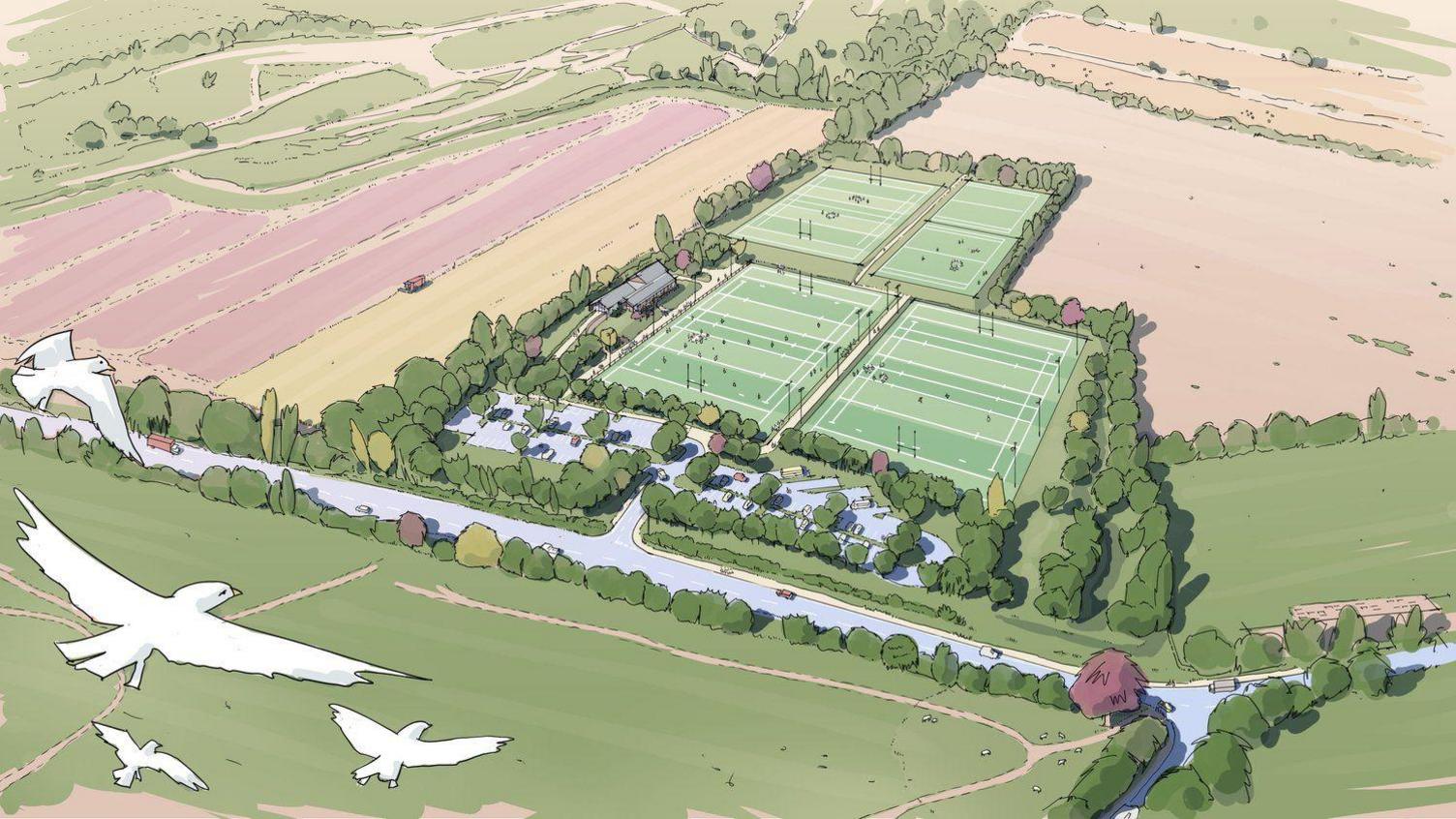 An artist impression drawing of what the new pitches could look like. There are four very large pitches visible surrounded by countryside.