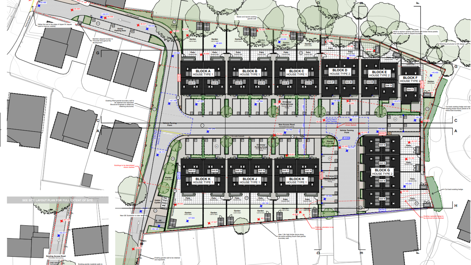 An architectural drawing showing the placing of properties on the site. There are different blocks. There are green circles that represent trees.