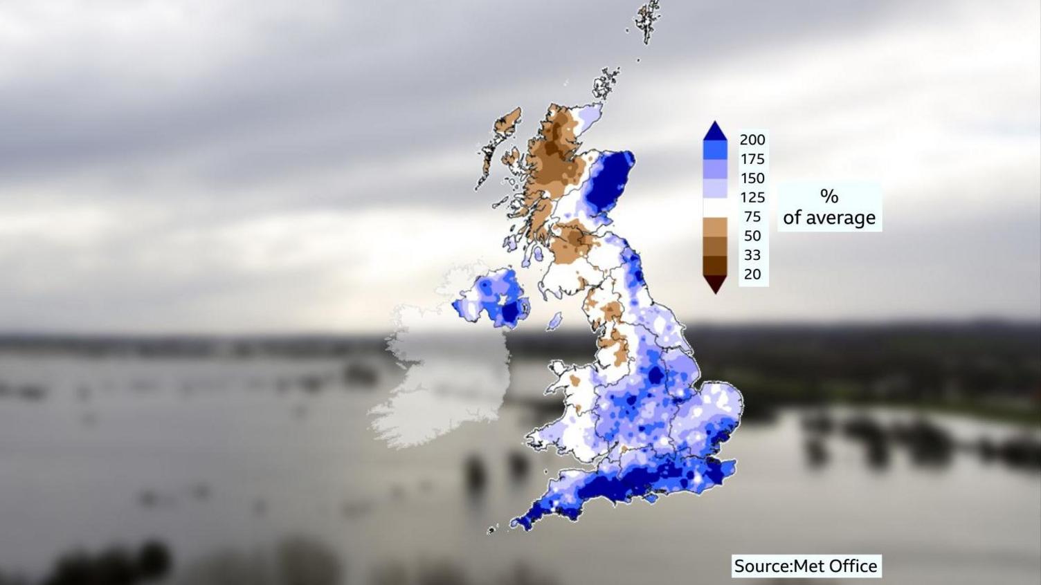 Map of UK showing January 2026 rainfall anomaly, with blue indicating the wettest areas in southern England, Northern Ireland and eastern Scotland