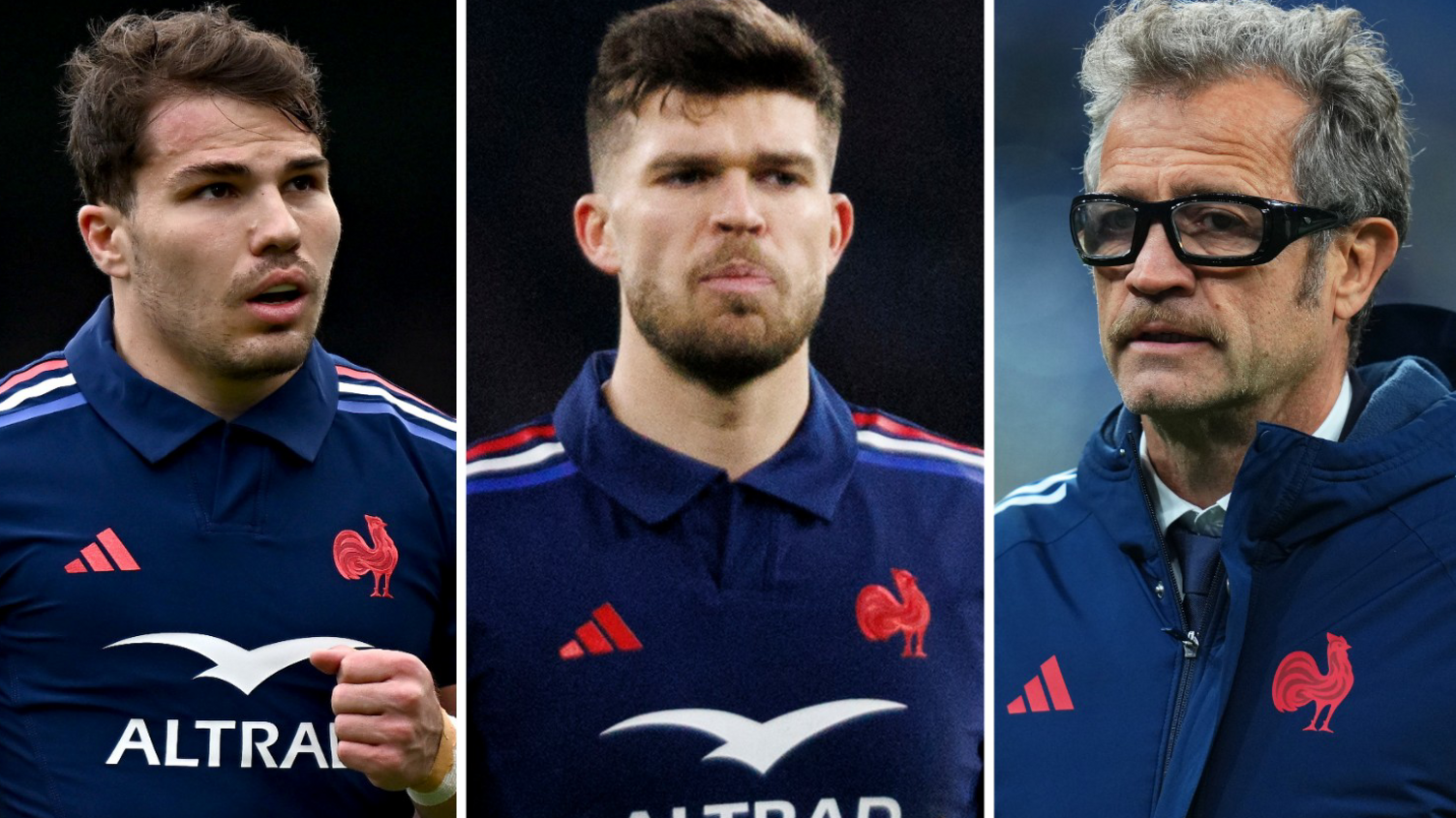 Antoine Dupont, Matthieu Jalibert and Fabien Galthie