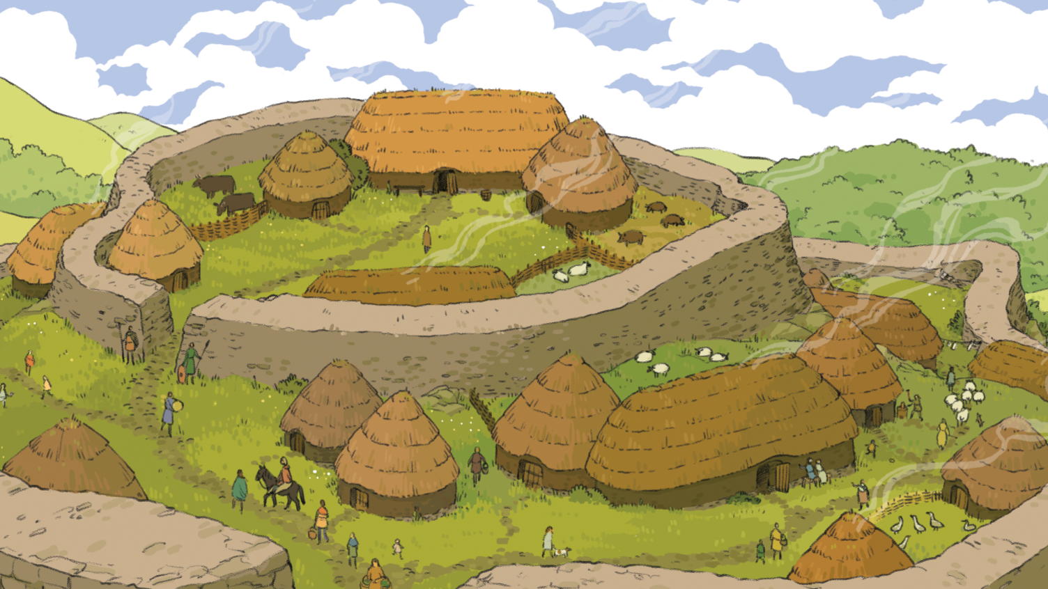 An illustration of a hillfort and settlement with turf roofed buildings and protective walls.