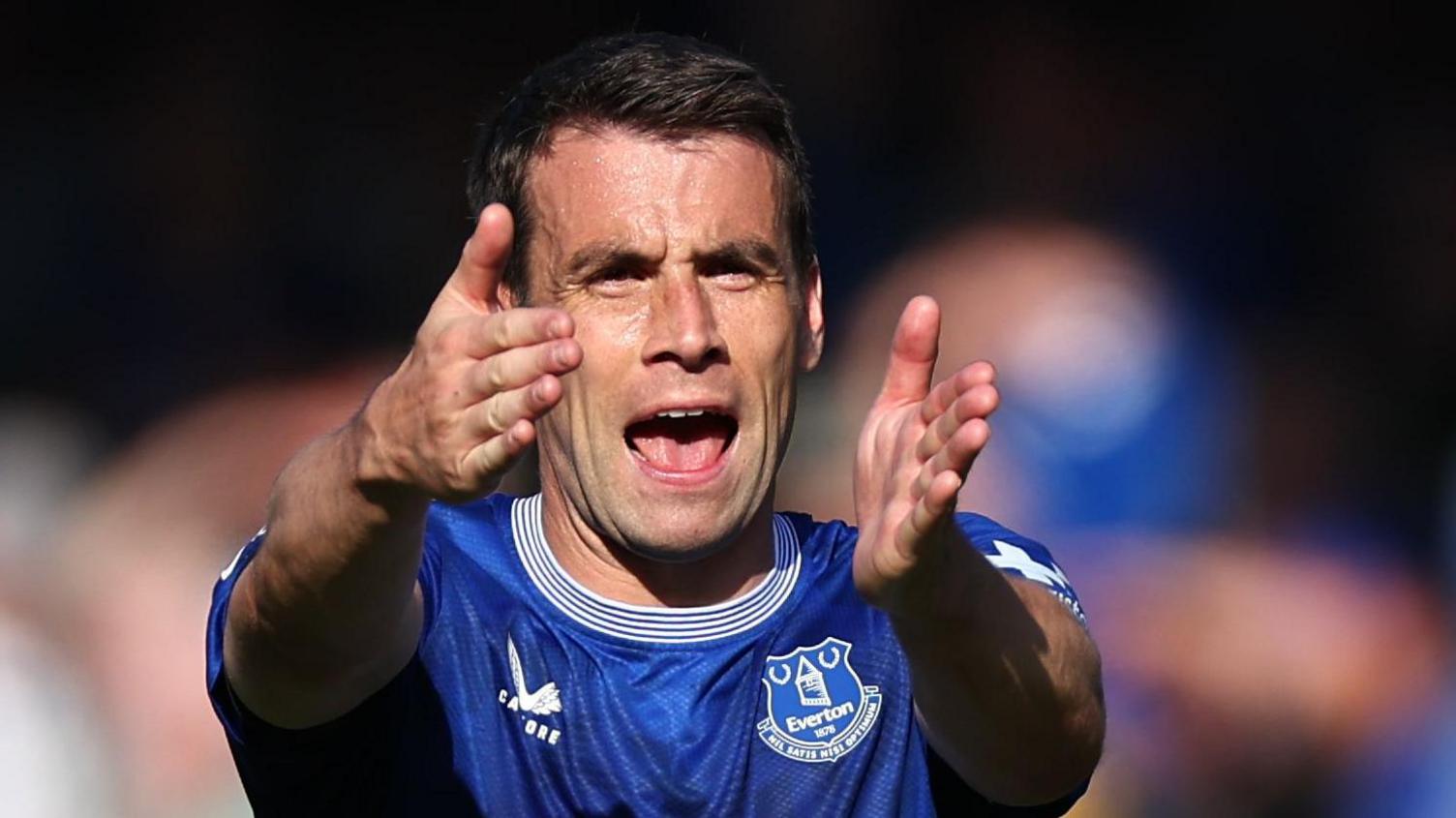 Everton captain Seamus Coleman shouts at team-mates