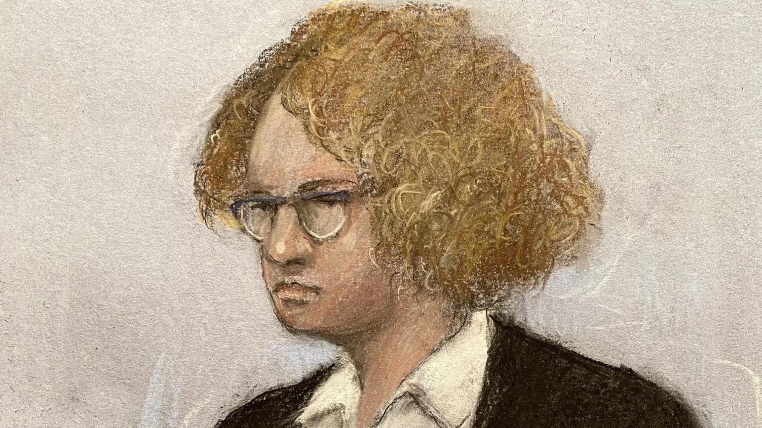 A sketch shows Gwyn Samuels standing in the dock, wearing a dark coloured jacket and a white shirt, with curly ginger hair and glasses. Next to her is a female security guard with tied-back hair and glasses.