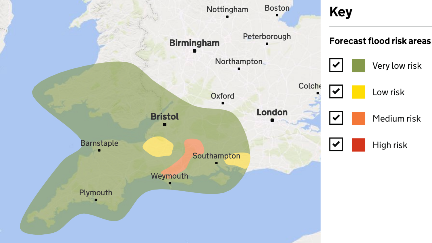 map of southern England showing a green shaded area across much of southern England where there is a very low risk of groundwater flooding. Smaller yellow areas with a 'low risk' of flooding and an amber area around the Somerset Levels with a medium risk of flooding