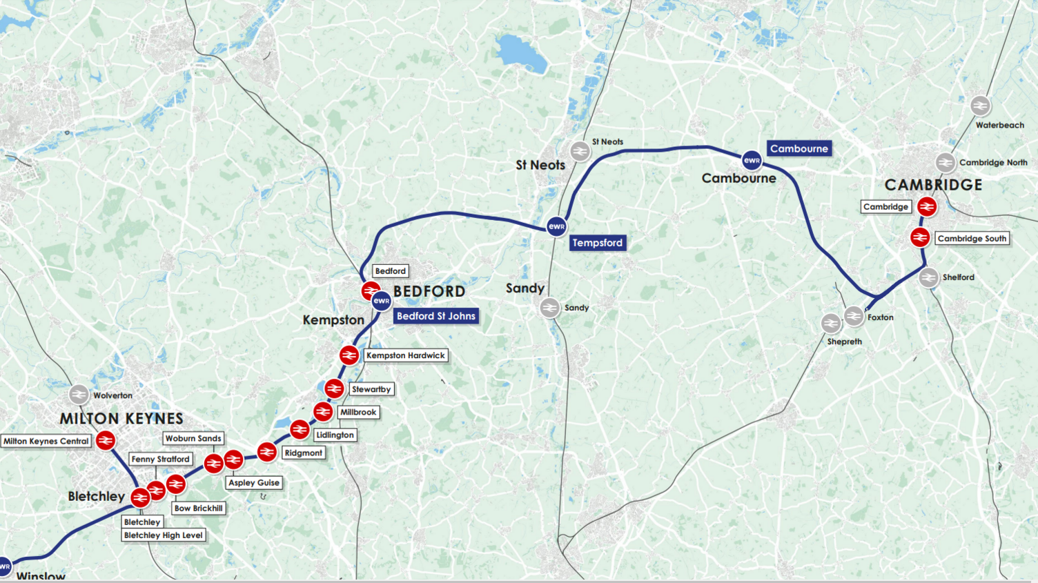 Route for East West Rail between Cambourne and Cambridge, it shows stations at Tempsford, Cambourne, and Cambridge South.