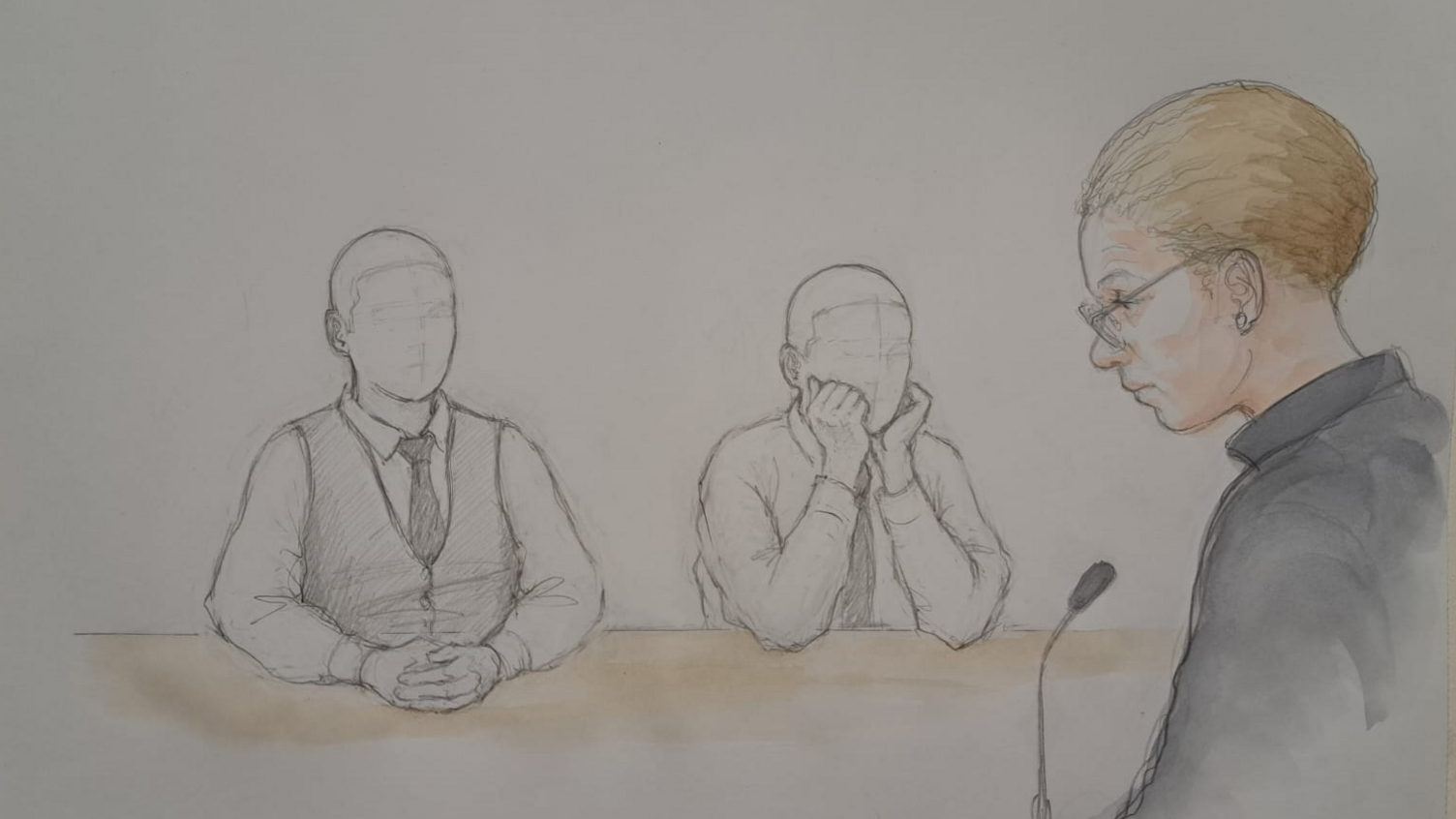 A court drawing, with the outlines of two boys sat at desks, both in shirts and ties, in front of a judge