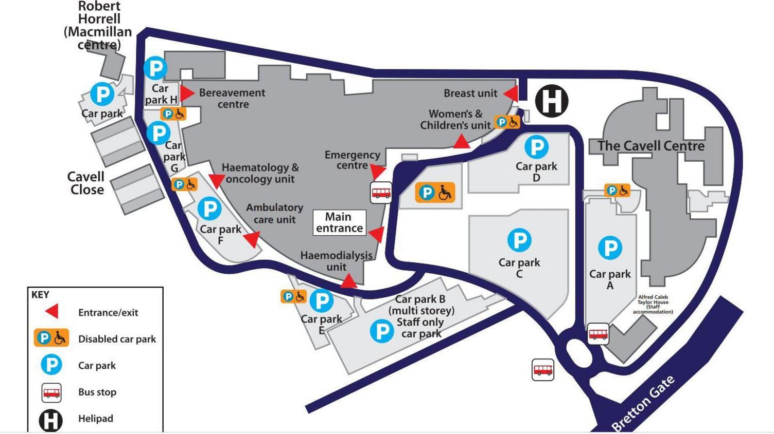 A map illustrating the car parks close to Peterborough City Hospital. 