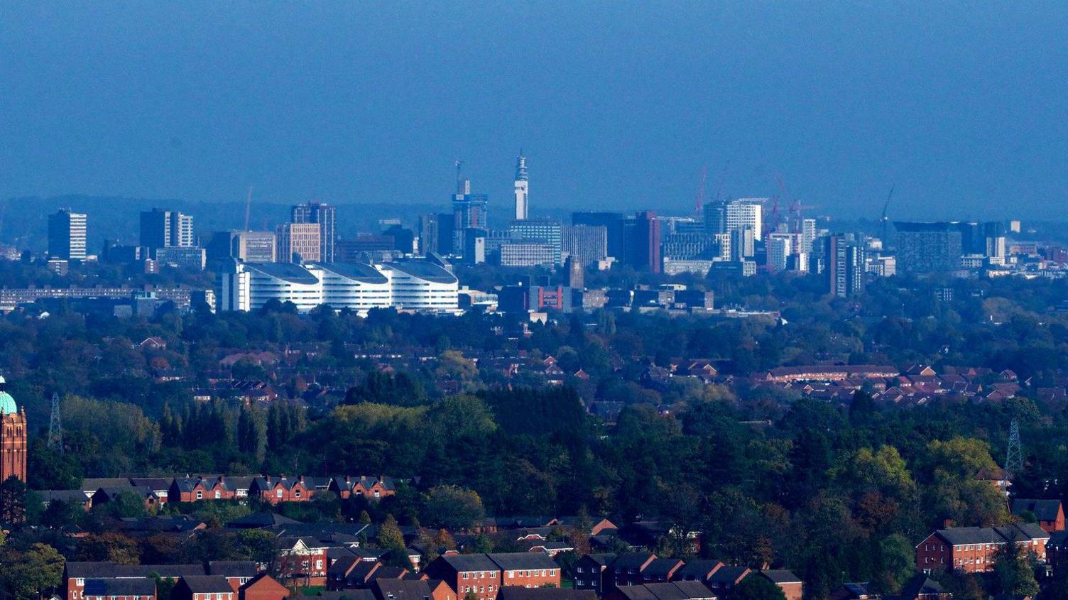 Birmingham skyline showing office buildings and houses