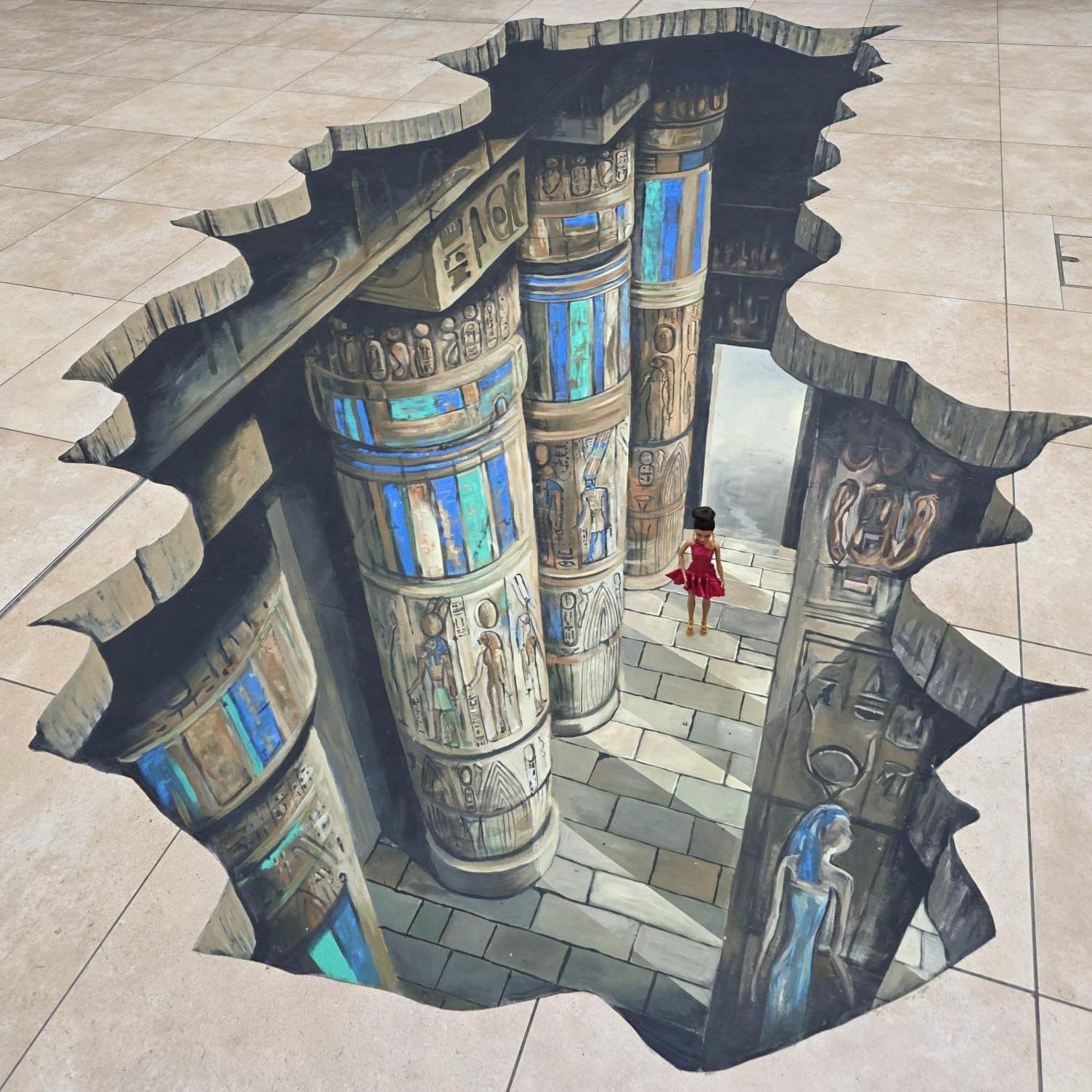 Egyptian temple artwork showing decorated pillars, stone floor and a girl in red from above - drawn on tiled floor 