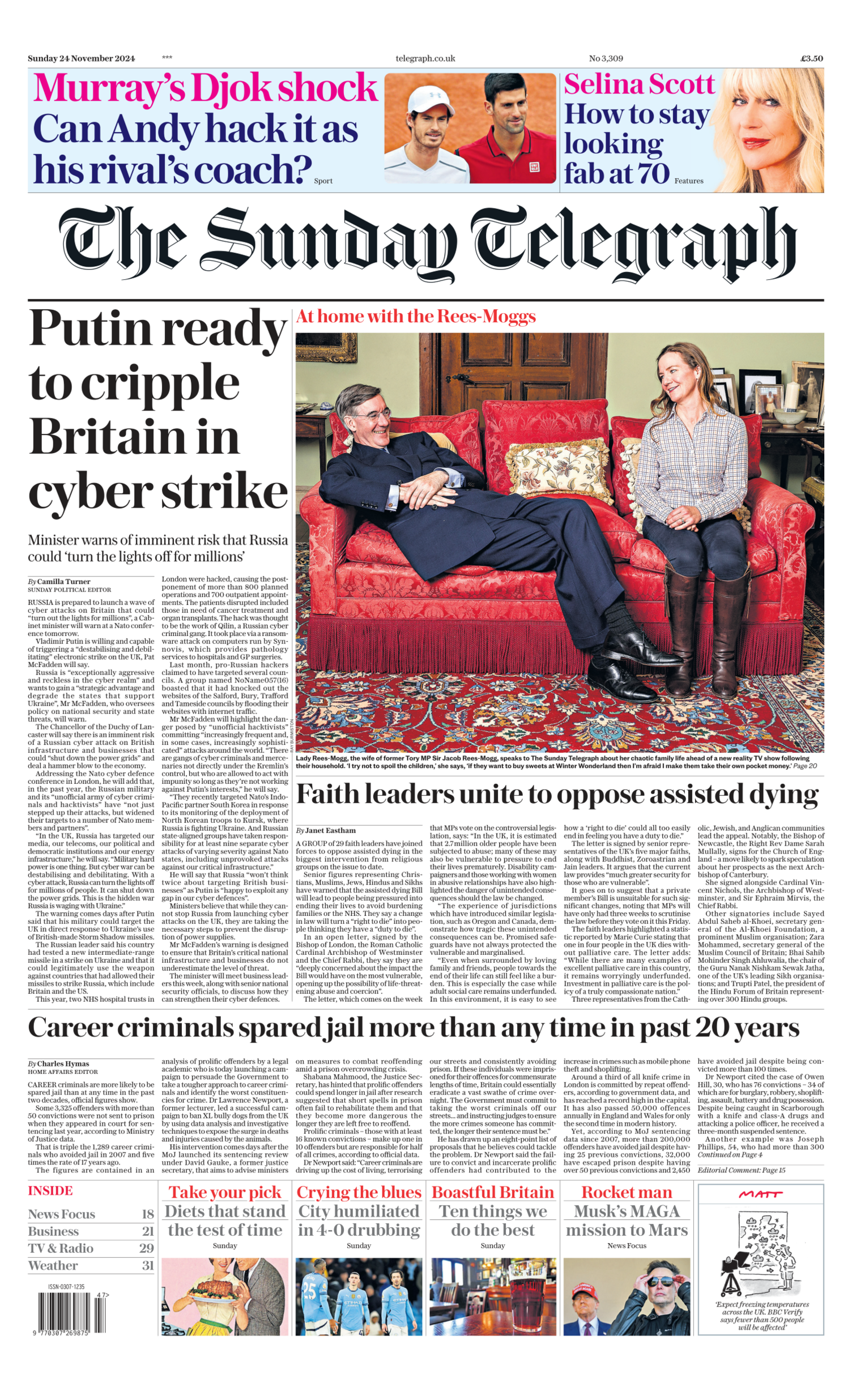 The Sunday Telegraph with headline: "Putin ready to cripple Britain in cyber strike"