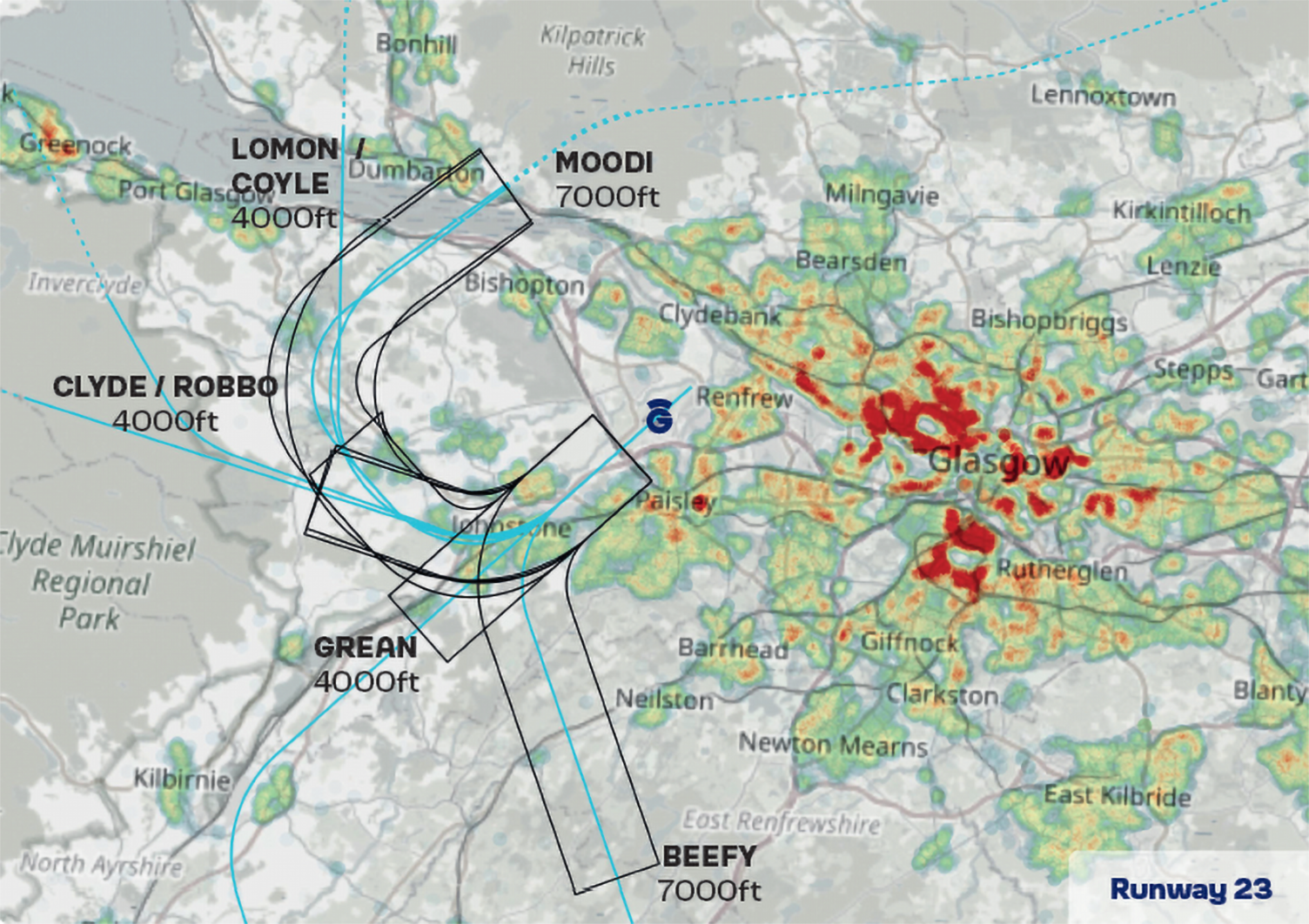 Map showing flightpaths over Glasgow with city areas and population density marked in shades of green to red