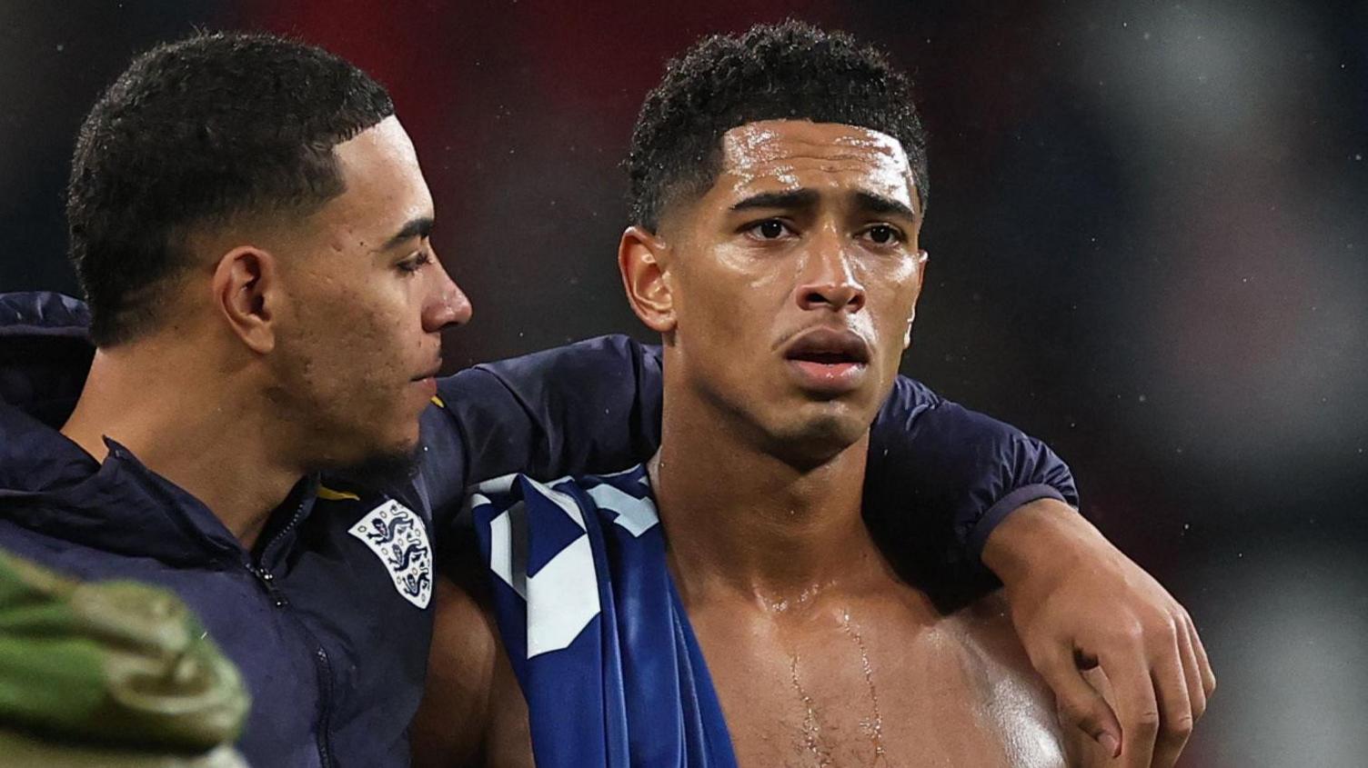 Aston Villa's Morgan Rogers with boyhood friend Jude Bellingham after England's 2-0 win against Serbia in the World Cup qualifier at Wembley.